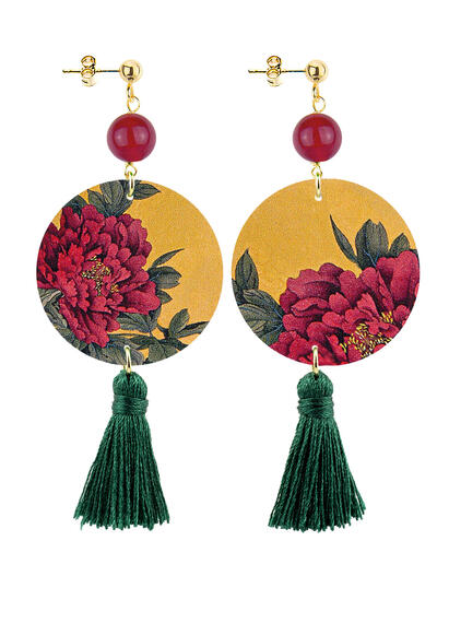 Classic Circle Earrings Red Flower Green Tassel - Lebole Maison