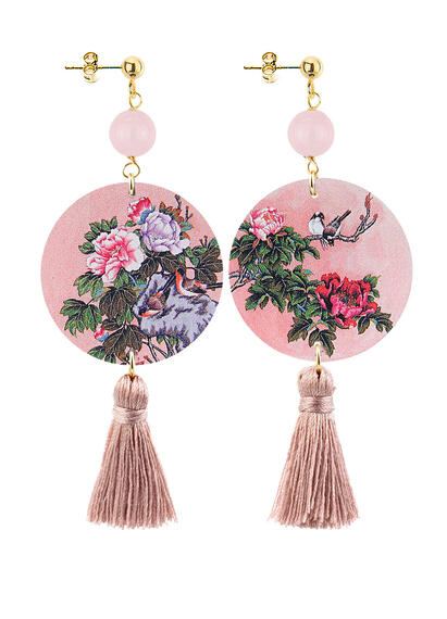 Classic Circle Earrings With Pink Tassel And Flower Branch - Lebole Maison