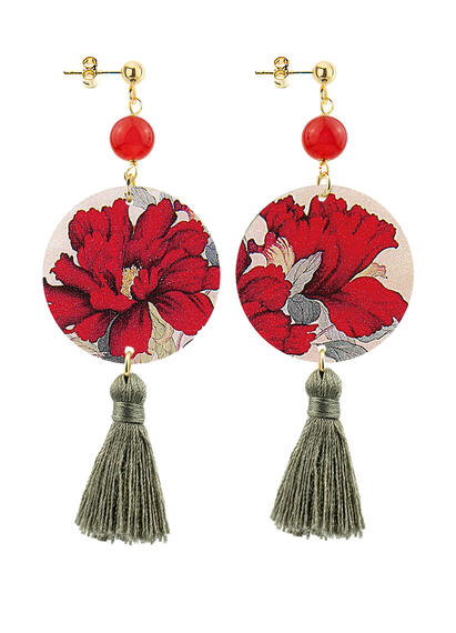 Small Red Flower Circle Earrings With Gray Tassel - Lebole Maison
