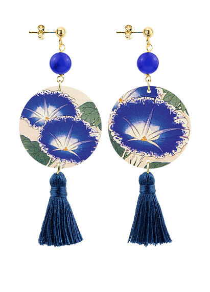 Small Blue Flower Circle Earrings With Blue Tassel - Lebole Maison