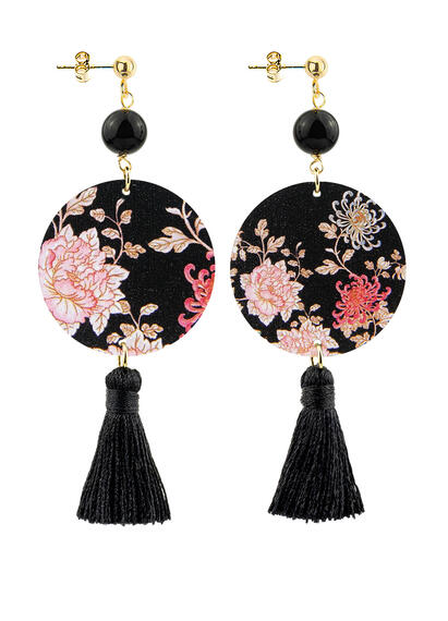 Circle Earrings Small Pink Flower Black Tassel - Lebole Maison