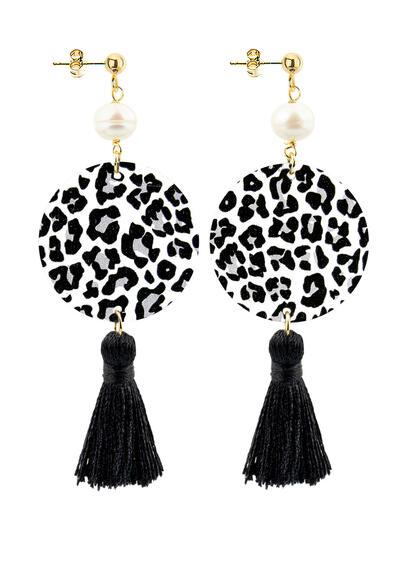 Small Circle Earrings With Black Spotted Tassel - Lebole Maison