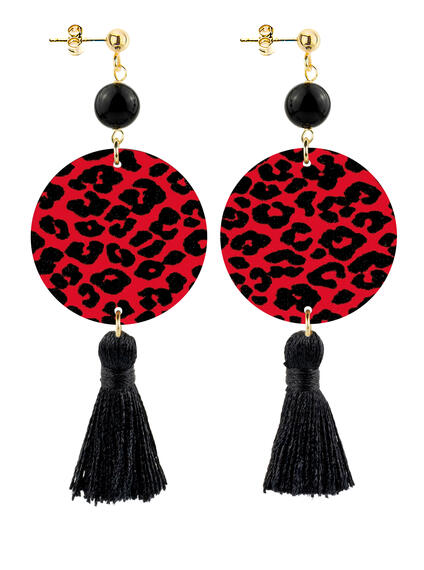 Small Circle Earrings With Red Spots And Black Tassel - Lebole Maison