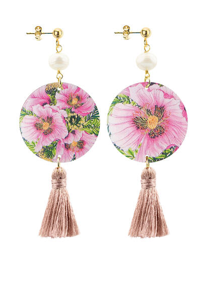 Small Pink Flower Circle Earrings Pink Tassel - Lebole Maison