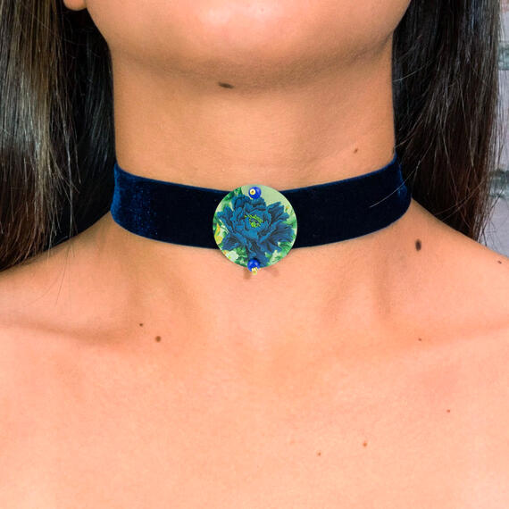 Blue Velvet Collar With Small Blue Flower - Lebole Maison