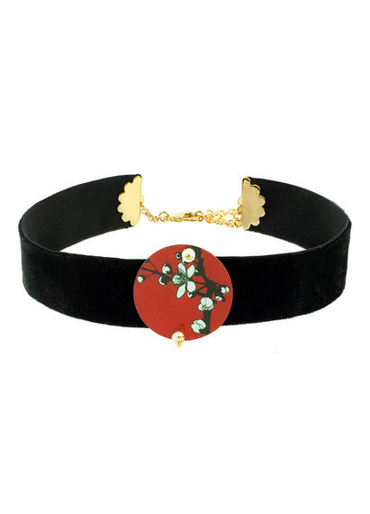 Collarino Velluto Nero Ramo Fiori Piccolo Perla - Lebole Maison
