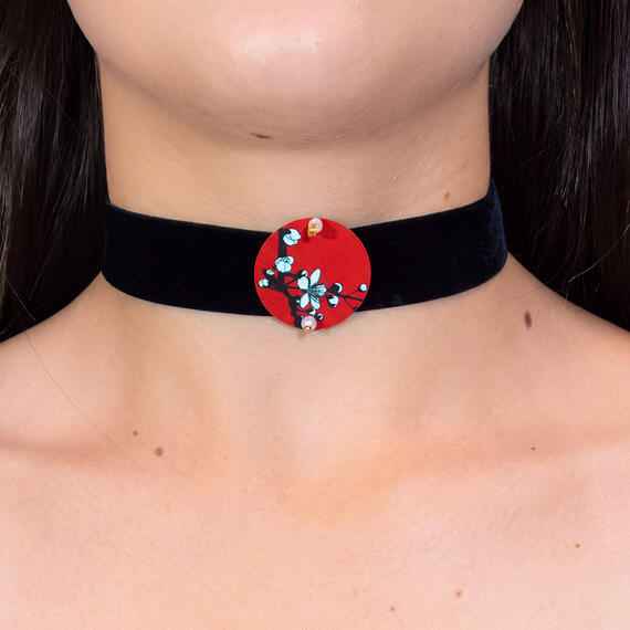 Collarino Velluto Nero Ramo Fiori Piccolo Perla - Lebole Maison