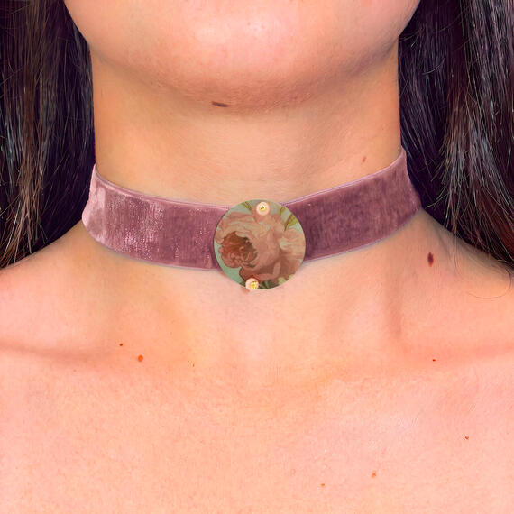 Collarino Velluto Rosa Scuro Fiori Piccolo Rosa Sfumato - Lebole Maison