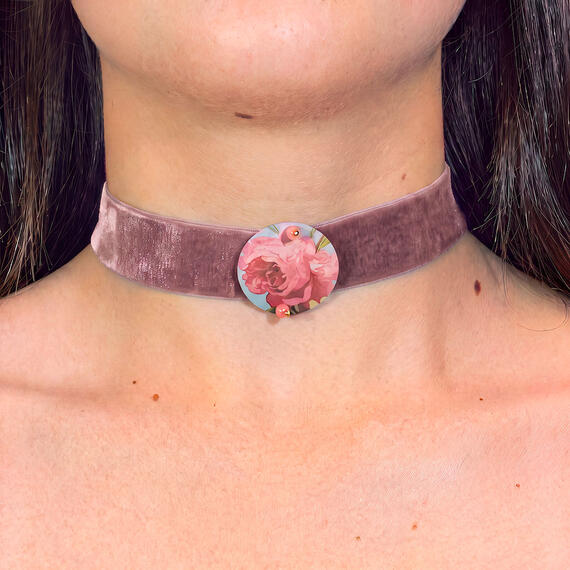 Collarino Velluto Rosa Scuro Fiori Piccolo Rosa Sfumato - Lebole Maison