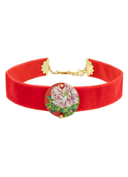 Collarino Velluto Rosso Fiore Rosa Piccolo Rubino - Lebole Maison