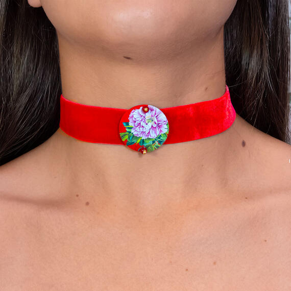 Collarino Velluto Rosso Fiore Rosa Piccolo Rubino - Lebole Maison