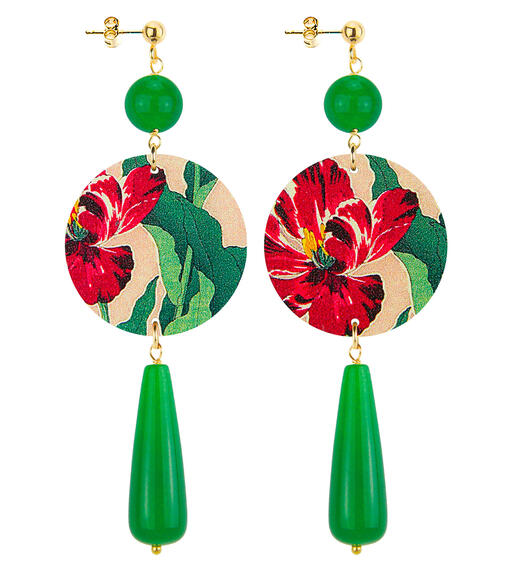 Red Flower Earrings With Long Green Drop - Lebole Maison