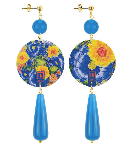 Yellow And Blue Flower Earrings Long Light Blue Drop - Lebole Maison