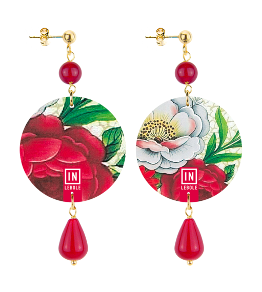 Small Earrings White And Red Flower Ruby - Lebole Maison