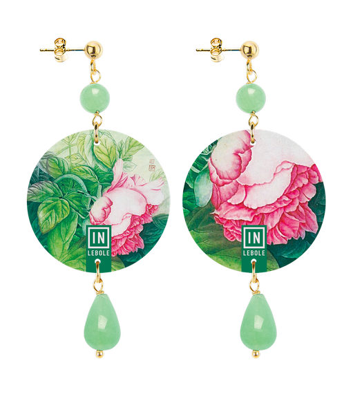 Small Earrings Pink Flower Green Jade - Lebole Maison