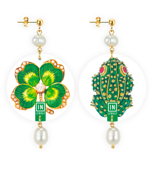 Earrings Four-leaf Clover And Pearl Frog Jewel Classic - Lebole Maison