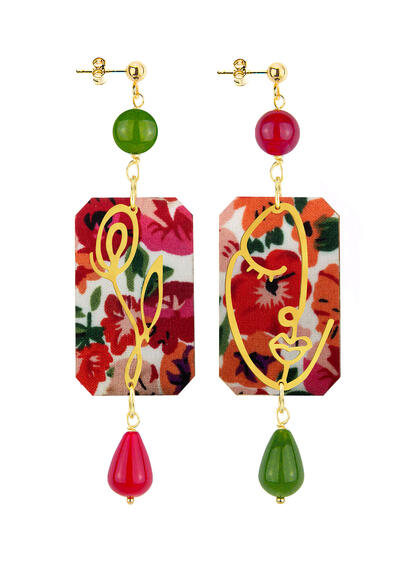 Orecchini Viso E Fiore Fiori Rubino E Verde Oliva - Lebole Maison