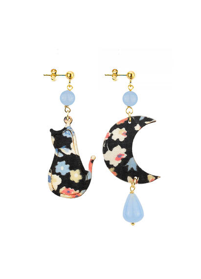 Orecchini Gatto E Luna Mini Celeste - Lebole Maison