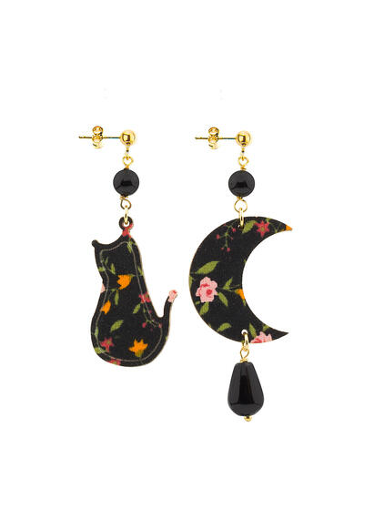 Orecchini Gatto E Luna Mini Nero - Lebole Maison