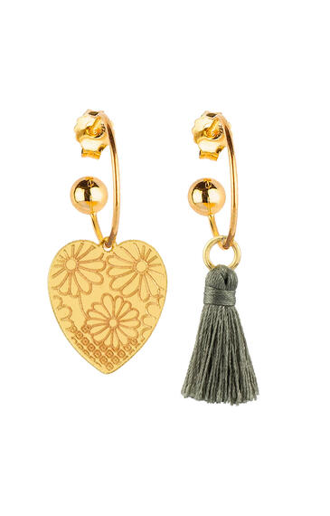 Large Heart Hoop Earrings With Grey Tassel - Lebole Maison
