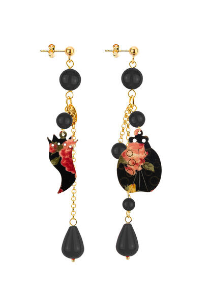 Orecchini Corno E Coccinella Ciuffo Corto Nero - Lebole Maison