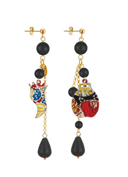 Orecchini Corno E Coccinella Ciuffo Corto Nero - Lebole Maison