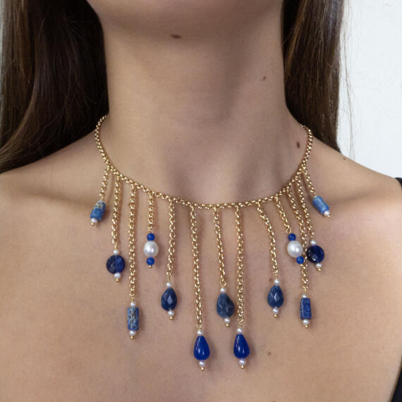 Long Chain Necklace With Blue Stones And Pearl - Lebole Maison