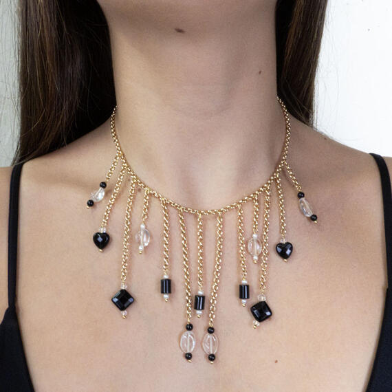 Black Knot Necklace With Transparent Stones - Lebole Maison