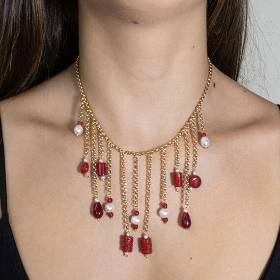 Long Chain Necklace With Ruby And Pearl Stones - Lebole Maison