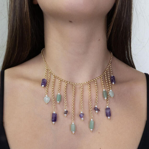 Long Chain Necklace With Green And Purple Stones - Lebole Maison