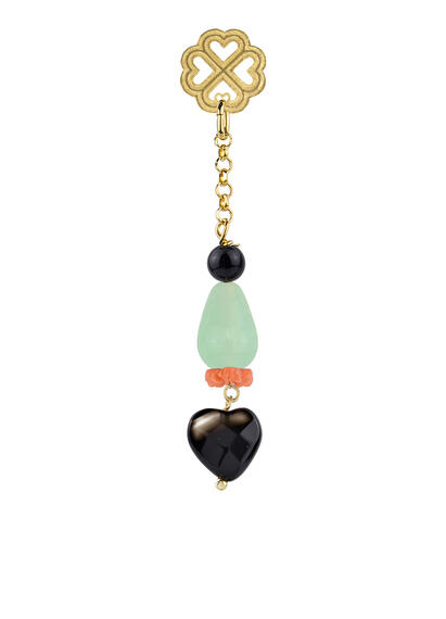 Long Four-leaf Clover Earring With Black Jade And Pearl Heart - Lebole Maison