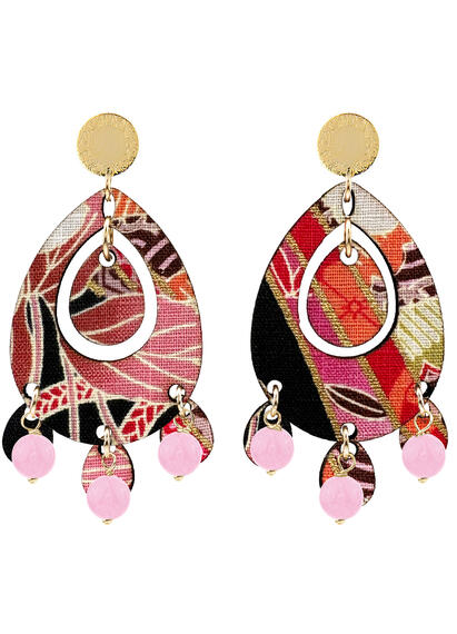 Tan Single Oval Fluorescent Pink Earrings - Lebole Maison
