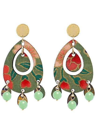 Tan Single Oval Jade Green Earrings - Lebole Maison