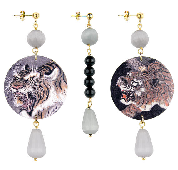 Classic Tiger Earrings With Gray Stones - Lebole Maison