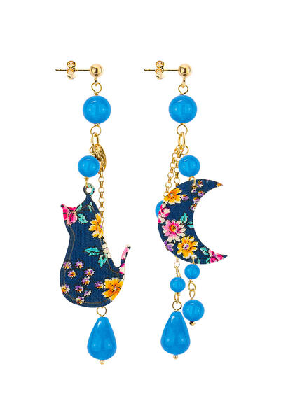 Orecchini Gatto E Luna Ciuffo Corto Azzurro - Lebole Maison