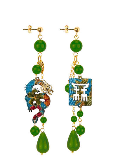 Orecchini Drago Ciuffo Corto Verde Oliva - Lebole Maison