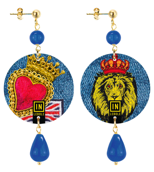 Small Earrings Lion And Heart Blue - Lebole Maison