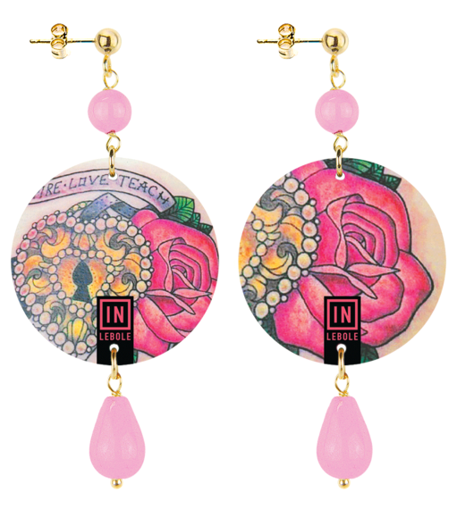 Earrings Rose And Small Padlock With Fluo Pink - Lebole Maison