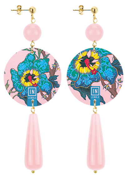 Pink Long Drop Blue Flower Earrings - Lebole Maison
