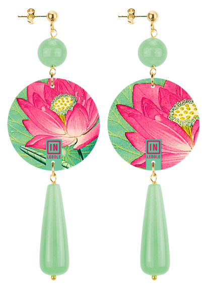 Pink Lotus Long Drop Green Jade Earrings - Lebole Maison